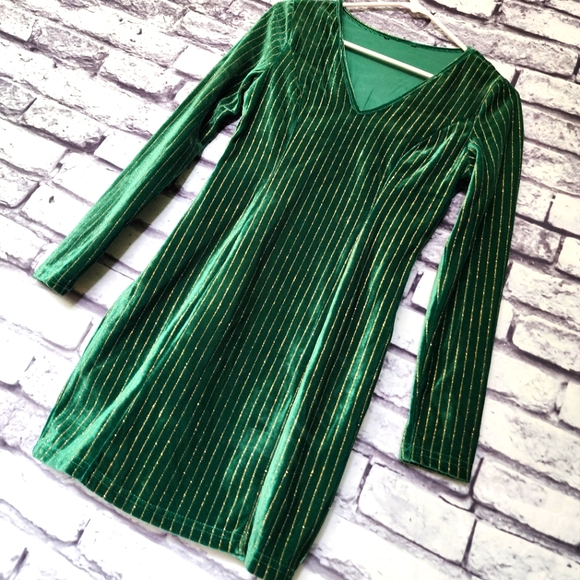 Green Velvet Gold Striped Long Sleeve Mini Dress - XS - Picture 5 of 10